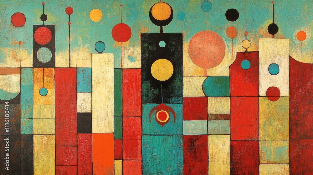 Poster abstract geometric art with colorful shapes and urban skyline elements depicting vibrant modernity a