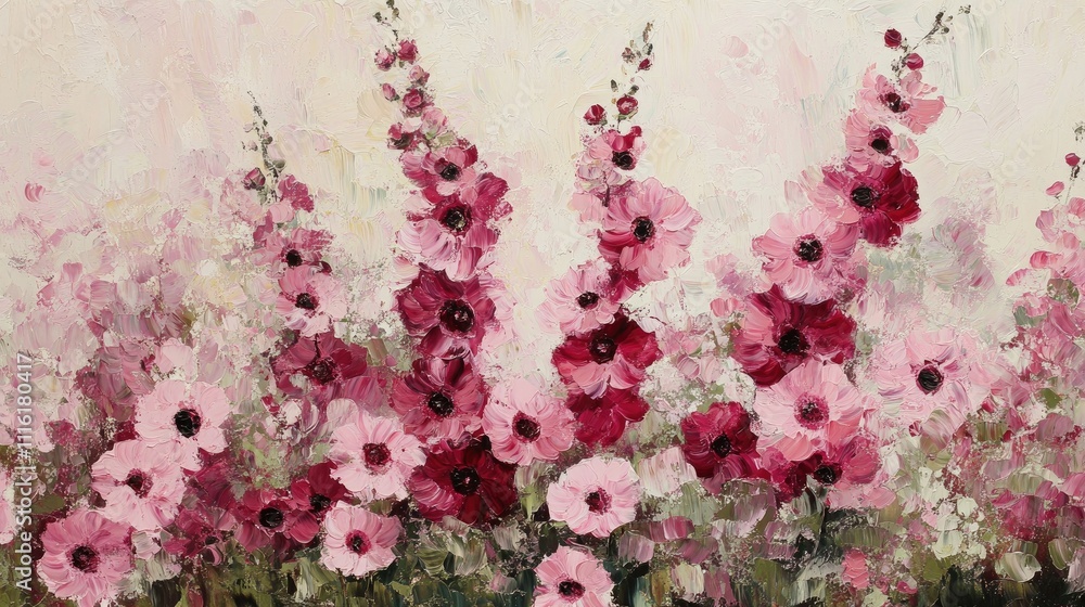 Poster vibrant red and pink flowers blooming in a serene field setting with soft pastel colors creating a t