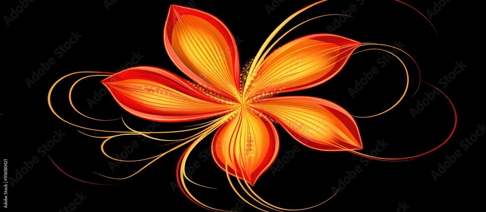 Poster vibrant abstract floral design with swirling patterns in shades of red and orange on a black backgro