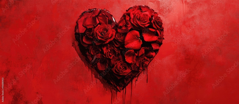 Poster heart shaped design featuring lush rose petals in rich monochrome red against a textured background 