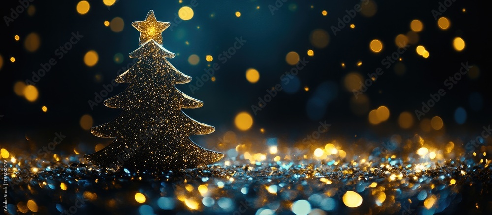 Poster golden glitter foreground with a sparkling fir tree silhouette against a mesmerizing bokeh backdrop 