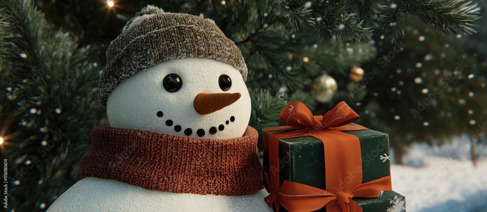 Poster snowman with woolen accessories holding gifts in front of a snow-covered coniferous tree creating a 