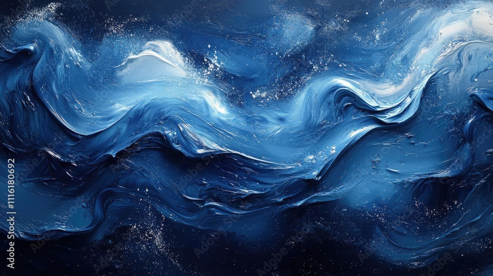 Poster Abstract artistic background with textured blue and white paint swirls on dark canvas representing motion and depth in modern art.