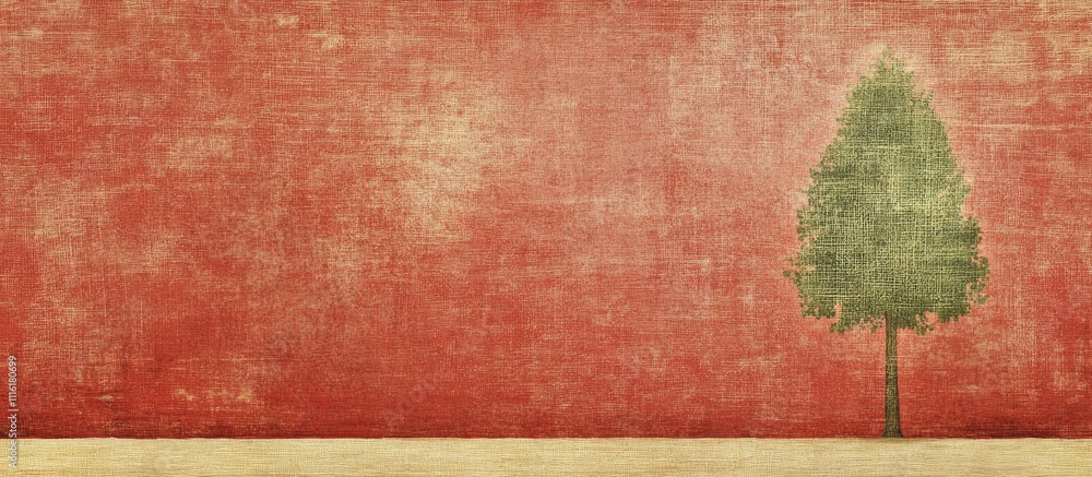 Poster textured red background with a solitary green tree creating a minimalist and serene landscape design