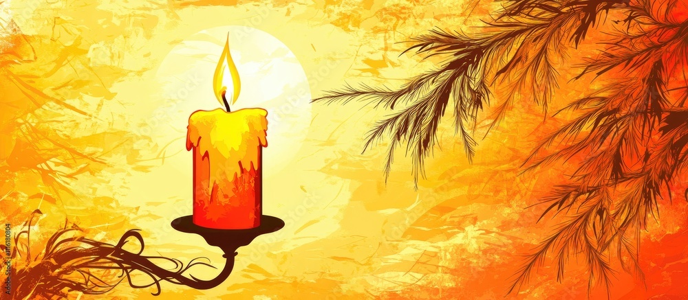 Poster decorative candlestick with warm hues and fur tree accents on a vibrant light backdrop creating a co