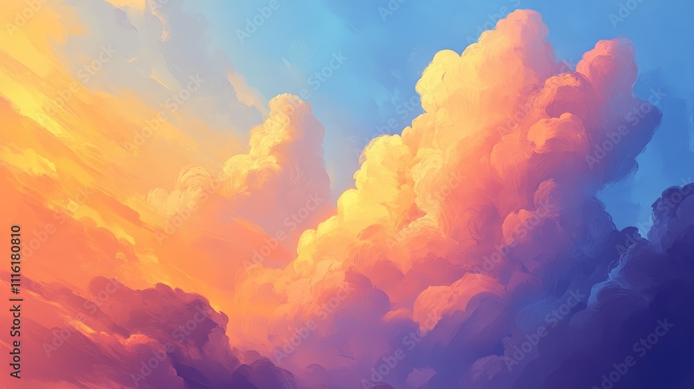 Poster Vibrant sunset sky with fluffy clouds in golden hour creating a serene background for various creative projects