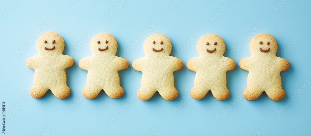 Aufkleber gingerbread cookies arranged in a row on a soft blue background creating a festive holiday atmospher