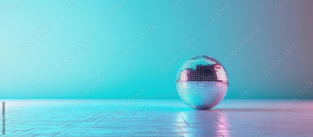 Poster Disco ball reflecting blue light on a minimalistic background with space for text or design elements