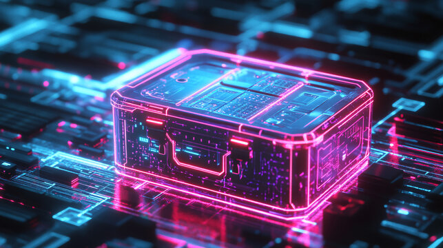 A futuristic toolbox icon glowing with neon lines, surrounded by online tools, smart diagnostics, and tech repair data. 