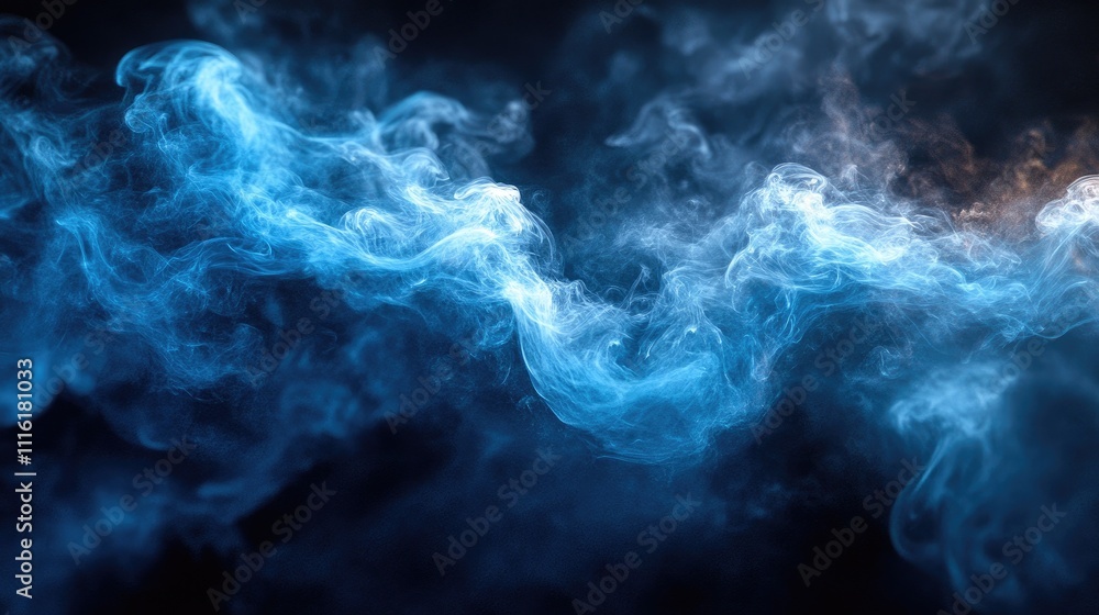 Poster Blue smoke swirling dynamically on a dark backdrop creating an abstract artistic representation of movement and fluidity.