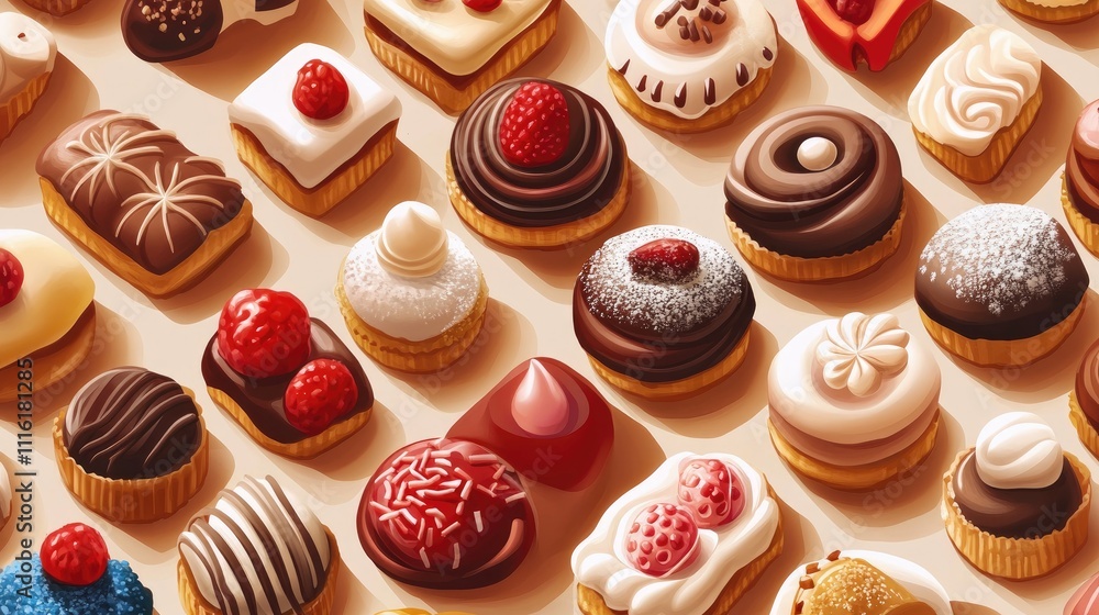 Poster Assorted colorful pastries and confectioneries displayed in an appealing arrangement showcasing a variety of textures and toppings.