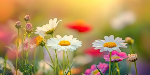 Fototapeta premium A close up view of vibrant blooming daisies and various wildflowers in an outdoor setting showcases the beauty of natures colorful blossoms.