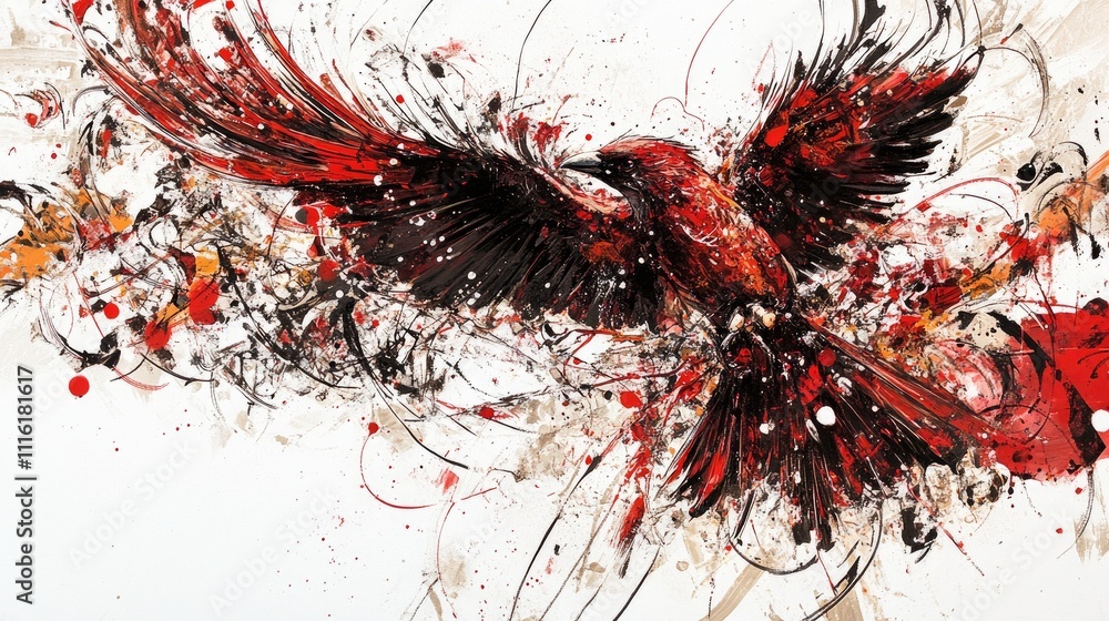 Poster artistic depiction of a vibrant robin bird in flight with abstract swirls and splashes of red and bl