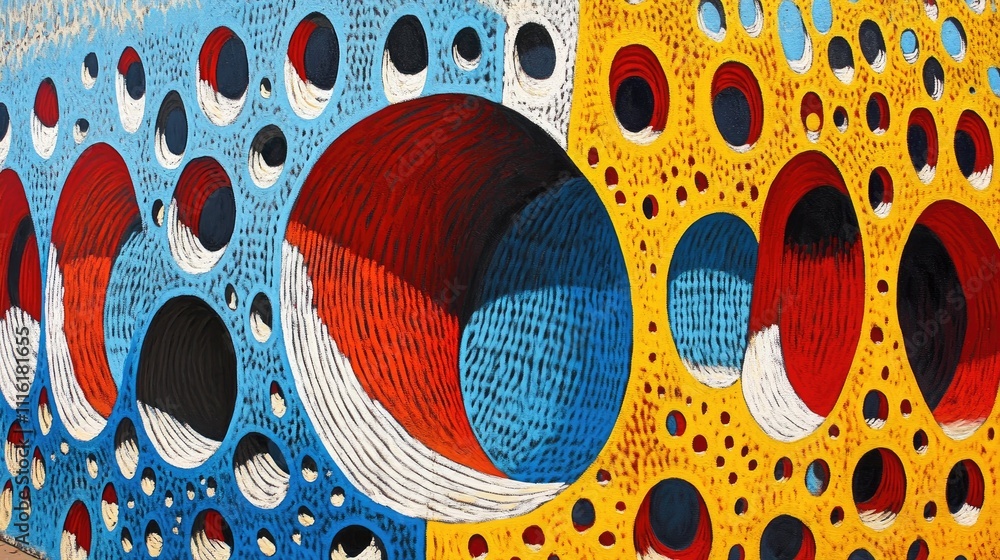 Poster vibrant abstract honeycomb pattern with colorful circular designs in red, blue, and yellow textures 