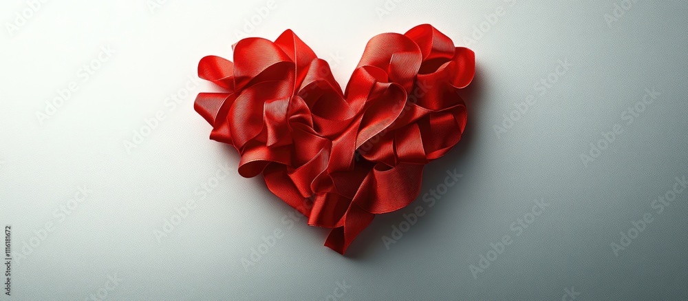 Poster Red ribbon arranged in a heart shape on a neutral background symbolizing love and affection for creative design and decoration purposes