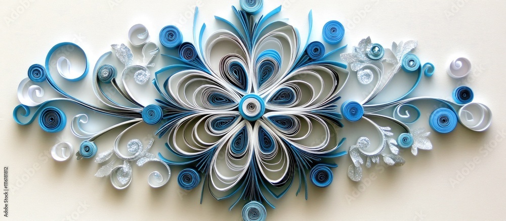 Poster intricate paper snowflake design showcasing quilling technique in detailed close-up featuring blue a