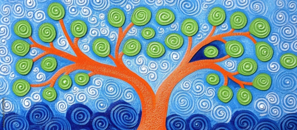 Poster colorful artistic tree illustration with swirling blue background and vibrant green leaves created u