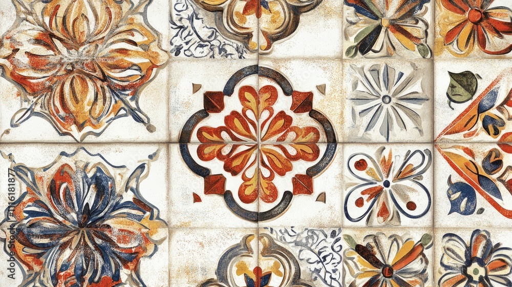 Poster rustic patterned tile design featuring intricate floral motifs for both floor and wall applications