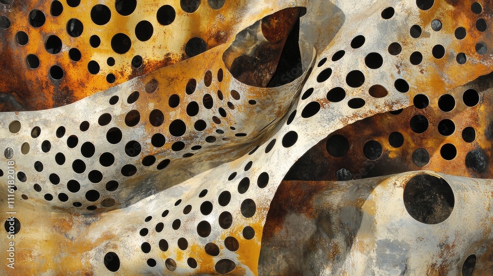 Poster abstract textured metal sheet with circular holes showcasing rust and patina effects in industrial d