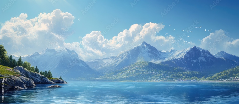 Aufkleber serene blue sea under a clear sky with fluffy clouds and majestic mountains in the background creati