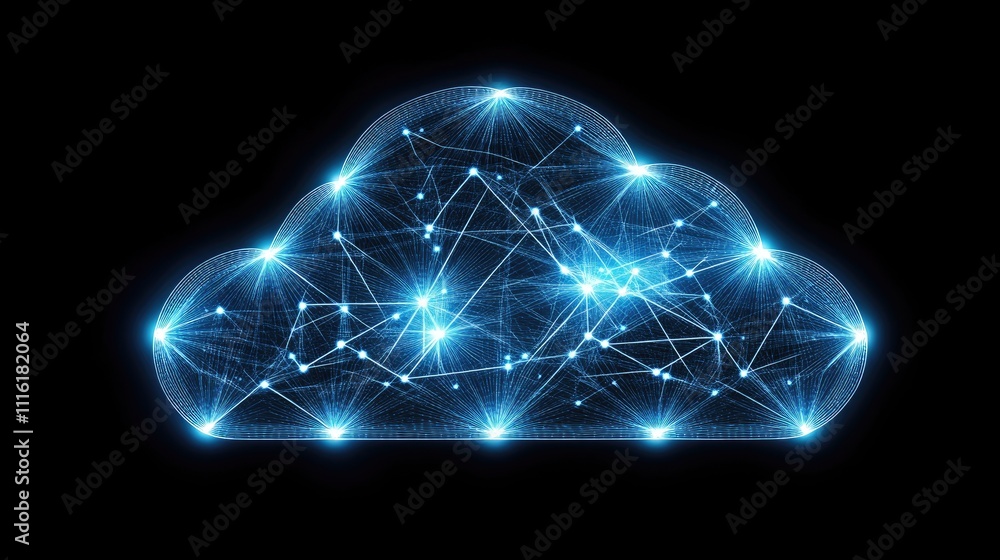 Poster Digital cloud storage network with interconnected data points and deep learning visualization on a dark background.