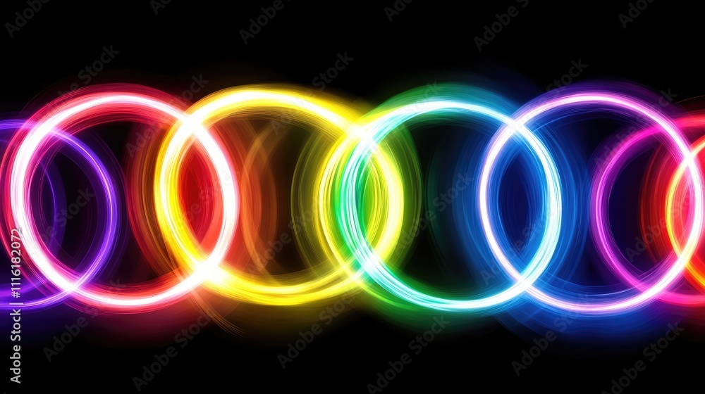 Poster Abstract glowing circles in vibrant colors creating an enchanting light display against a dark background for modern design and artistic projects