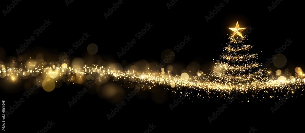 Poster christmas tree illuminated with lights and topped with a star against a blurred bokeh backdrop creat