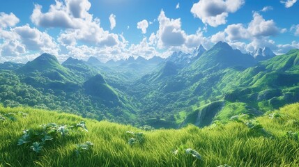 Naklejka premium Lush green hills create a stunning backdrop with a captivating mountaintop view, offering a perfect blend of natures beauty and serenity. Lush green hills invite exploration and tranquility.