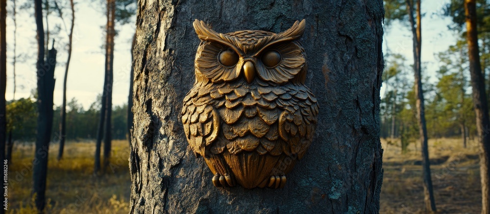 Aufkleber owl shaped new year decoration mounted on a tree trunk in a serene forest setting with soft natural 