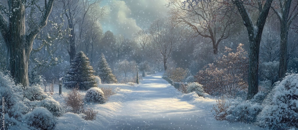 Poster winter wonderland serene landscape featuring a snowy path surrounded by trees and soft falling snow 