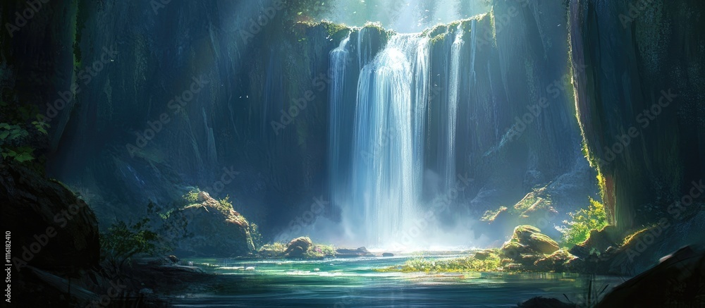 Poster Serene waterfall illuminated by sunlight creating a tranquil atmosphere in a lush green forest setting