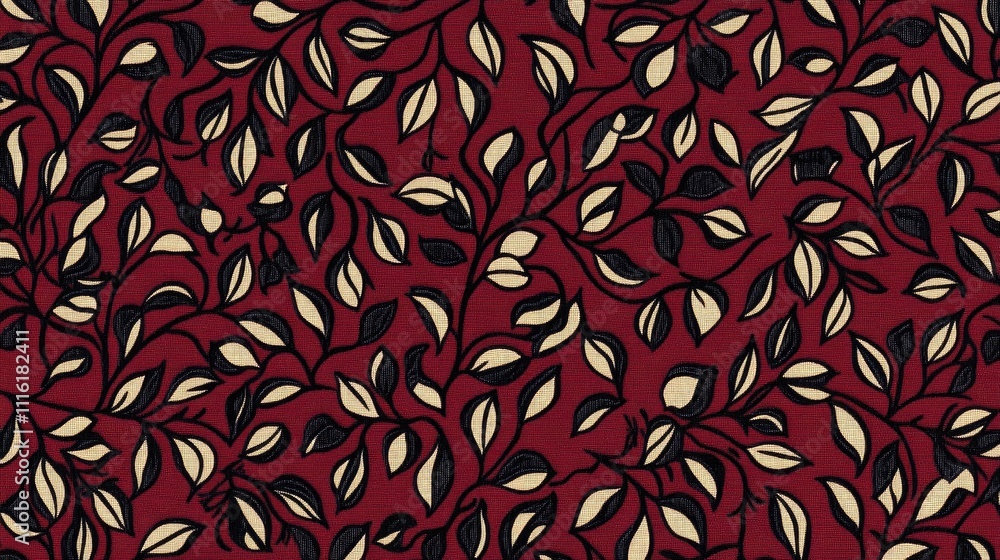 Poster vintage red floral pattern with rust accents featuring intricate leaf designs on a textured backgrou
