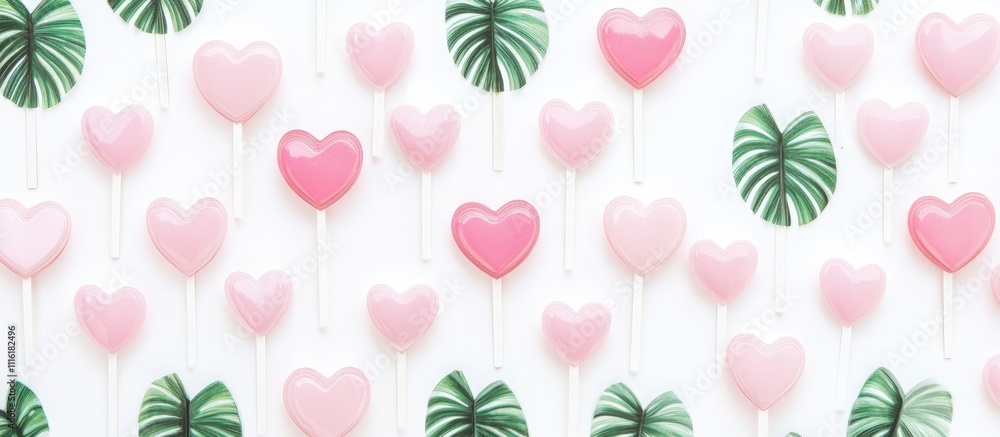Poster pink heart-shaped lollipops on sticks arranged with palm leaves on a white background aerial view de