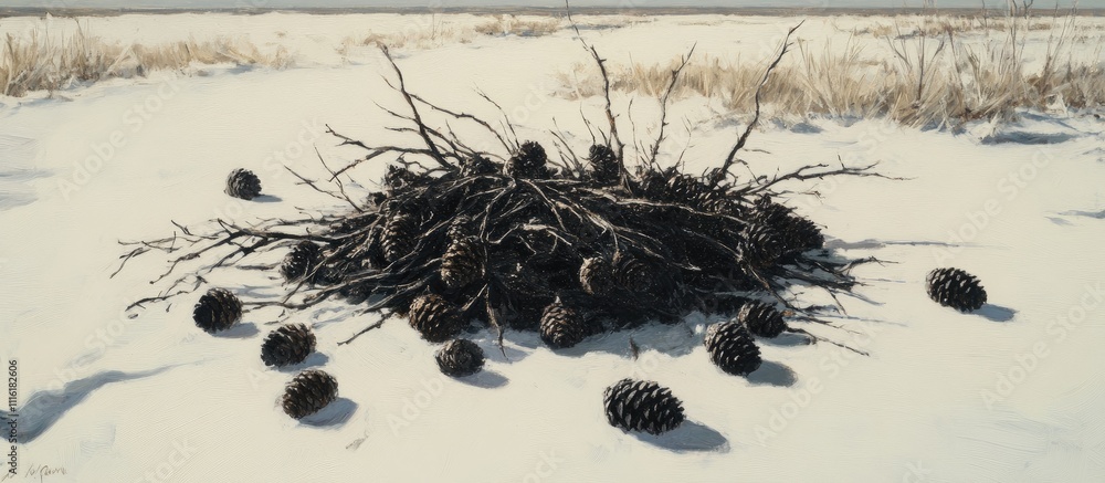 Aufkleber freshly fallen pine cones gathered on a snowy landscape with twigs and grass in the background showc