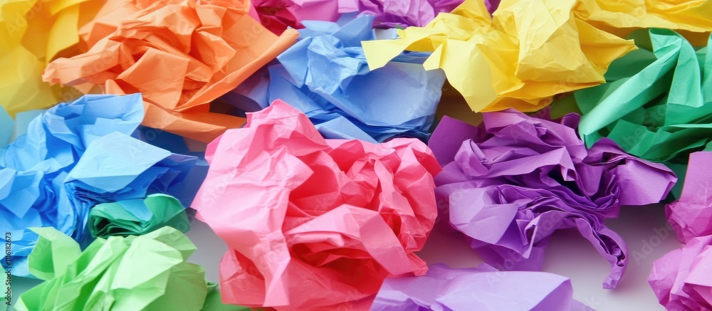 Poster Crumpled colorful papers in vibrant hues scattered on a surface creating a dynamic artistic background ideal for creative projects.