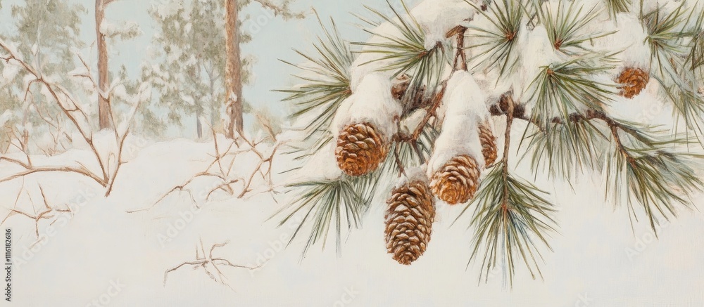 Poster close-up of snow-covered pine tree branches with pine cones in a serene winter landscape showcasing 