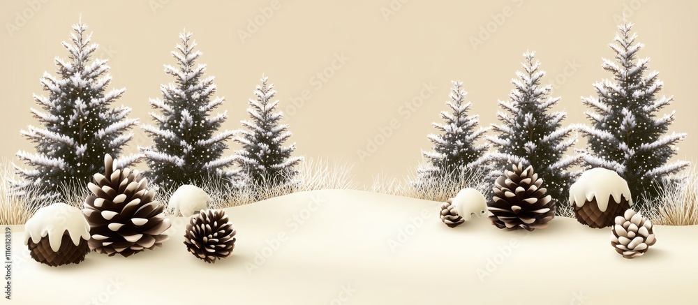 Aufkleber new year celebration background with snow-covered pine trees and pine cones on a sepia backdrop feat