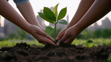 Fototapeta premium A group of hands from different individuals are planting a young plant in soil, with a city skyline in the background