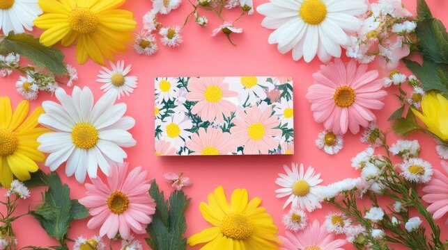 Spring-inspired business card mockup set against a colorful floral background. This business card mockup offers a vibrant spring touch, ideal for creative designs, with ample copy space.