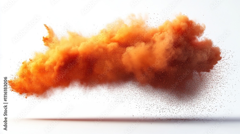 Poster vibrant orange powder explosion creating dynamic cloud effect against a clean white background for c