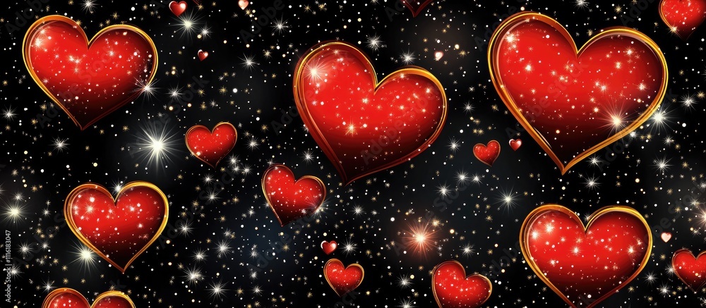 Poster glittery red hearts on a black background creating a romantic and festive atmosphere for various cre