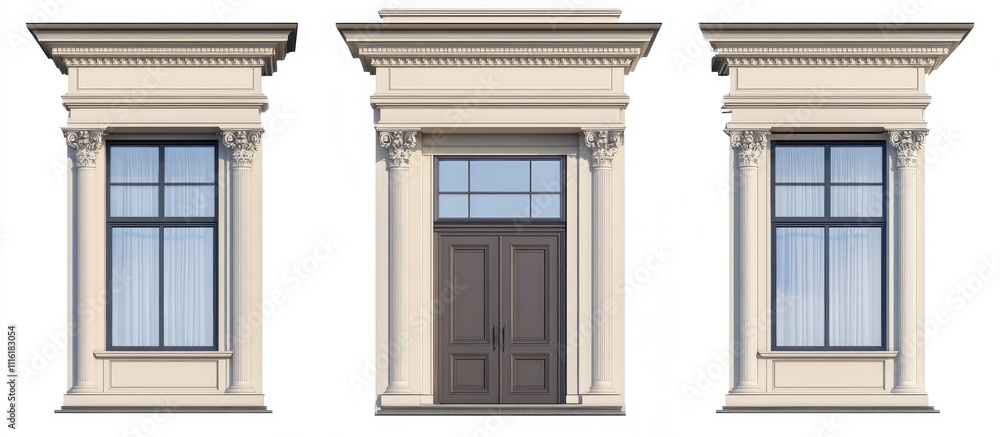 Poster classic architectural facade featuring wooden door and window with ornate detailing and elegant colu