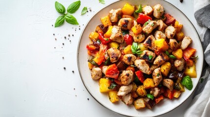 Plate of vibrant diced vegetables and tender meat, presenting a delicious summer ratatouille with chicken. Perfect for culinary inspiration and colorful recipe ideas, with ample copy space.