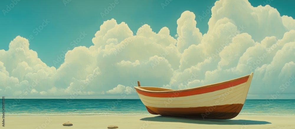 Aufkleber serene beach landscape with a vintage boat under soft clouds and a tranquil sea inviting relaxation 
