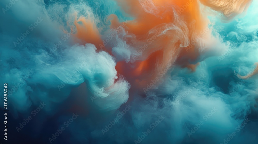 Poster colorful smoke clouds blending in an abstract formation with hints of orange and turquoise in a dram