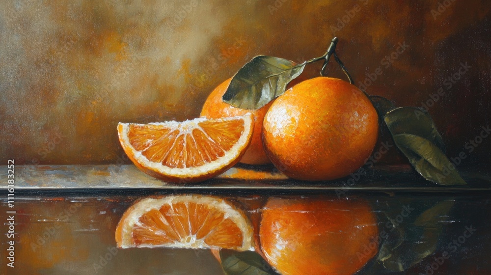 Poster Vibrant oranges with a sliced segment reflecting on a smooth surface showcasing rich colors and textures in an artistic composition