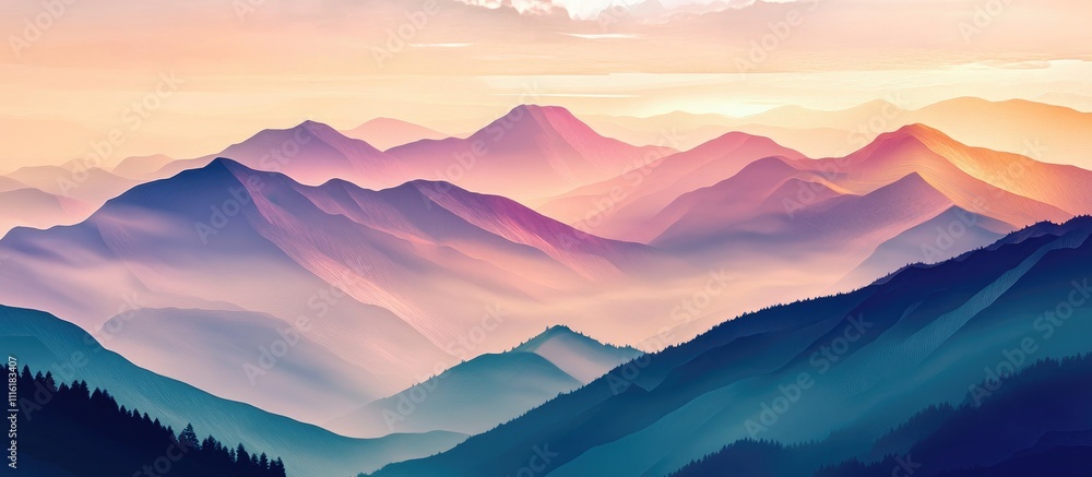 Poster Majestic mountain ranges at dawn with soft pastel colors and mist creating a serene and tranquil landscape scene.