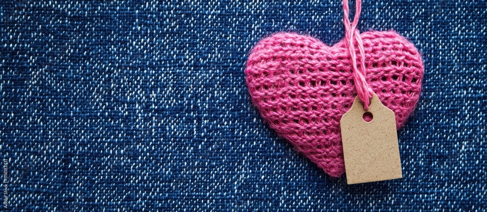 Aufkleber handcrafted pink heart on denim background with craft tag for personalized messages in a creative gr