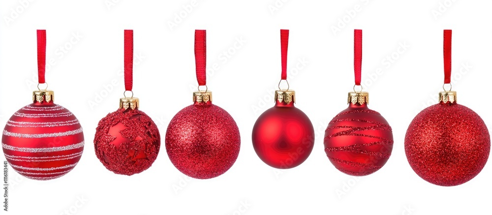 Poster Red Christmas tree ornaments displayed on a white background with space for customization or seasonal text layout.