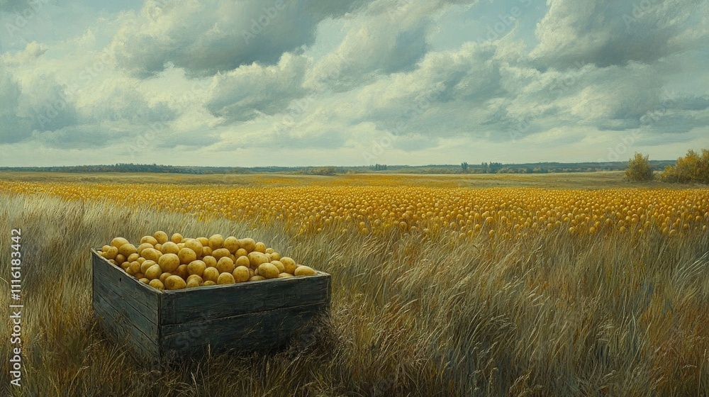 Poster potatoes in a wooden box resting on a field surrounded by golden crops and a dramatic cloudy sky in 